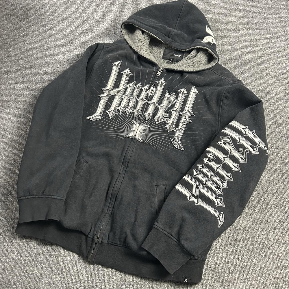 Hurley Hoodie Mens Large Black Sherpa Lined Full Zip Graphic Fleece Sweatshirt